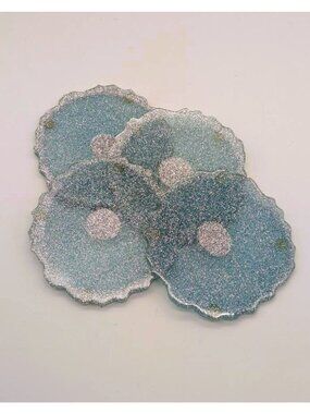 Handmade Blue Glitter Resin Coaster Set – 4 Scalloped Drink Coasters